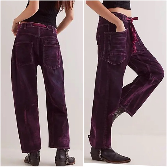 NEW Free People x We The Free Flocked Moxie Barrel Jeans in Wine Tasting - Picture 5 of 15